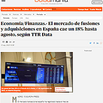 Economa/Finanzas.- El mercado de fusiones y adquisiciones en Espaa cae un 18% hasta agosto, segn TTR Data